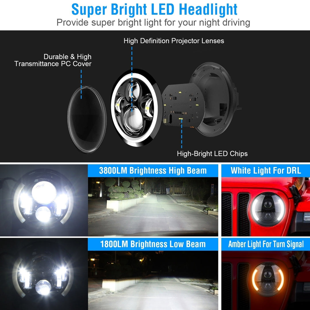 7In 40W Round LED Headlight 3800LM Halo Car Headlamp with DRL Turn Light High Low Beam Fit for Honda Yamaha Motorcycle Image 6