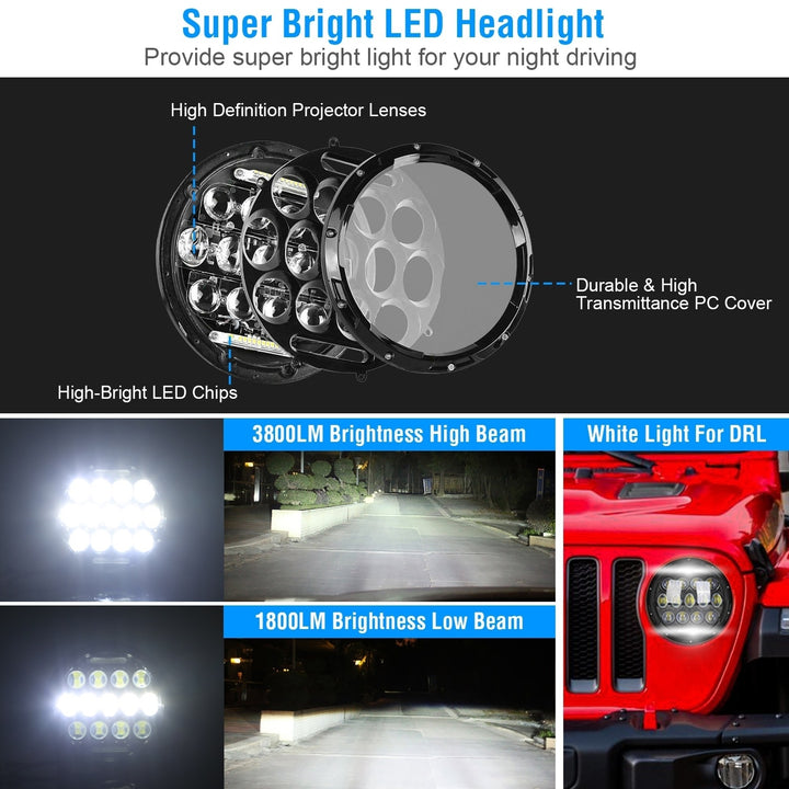 2Pcs 7In 75W Round LED Headlight 3800LM Halo Car Headlamp with DRL High Low Beam for Jeep Wrangler TJ JK CJ with H4 to Image 4