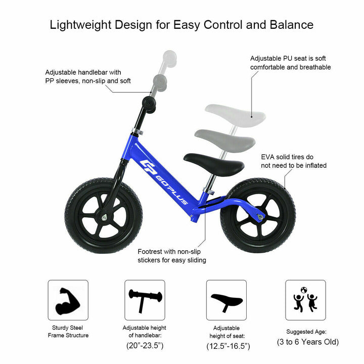 12 Balance Bike Classic Kids No-Pedal Learn To Ride Pre Bike w/ Adjustable SeatBlue Image 4