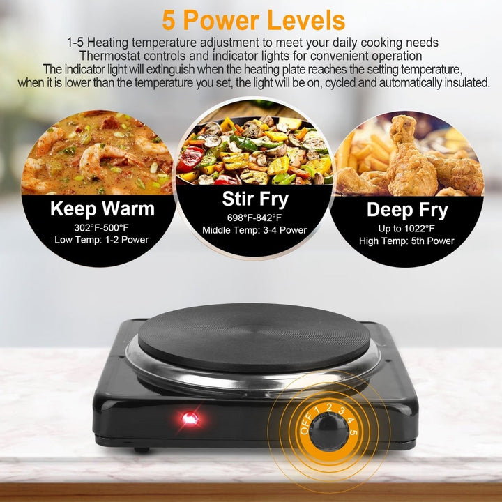 1500W Electric Hot Plate Portable Burner with 5 Temperature Settings Black Silver Image 4