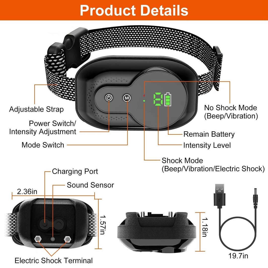 Rechargeable Dog Bark Collar Black 2 Modes 5 Intensity Levels Waterproof IP67 Image 3