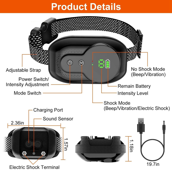 Rechargeable Dog Bark Collar Black 2 Modes 5 Intensity Levels Waterproof IP67 Image 3