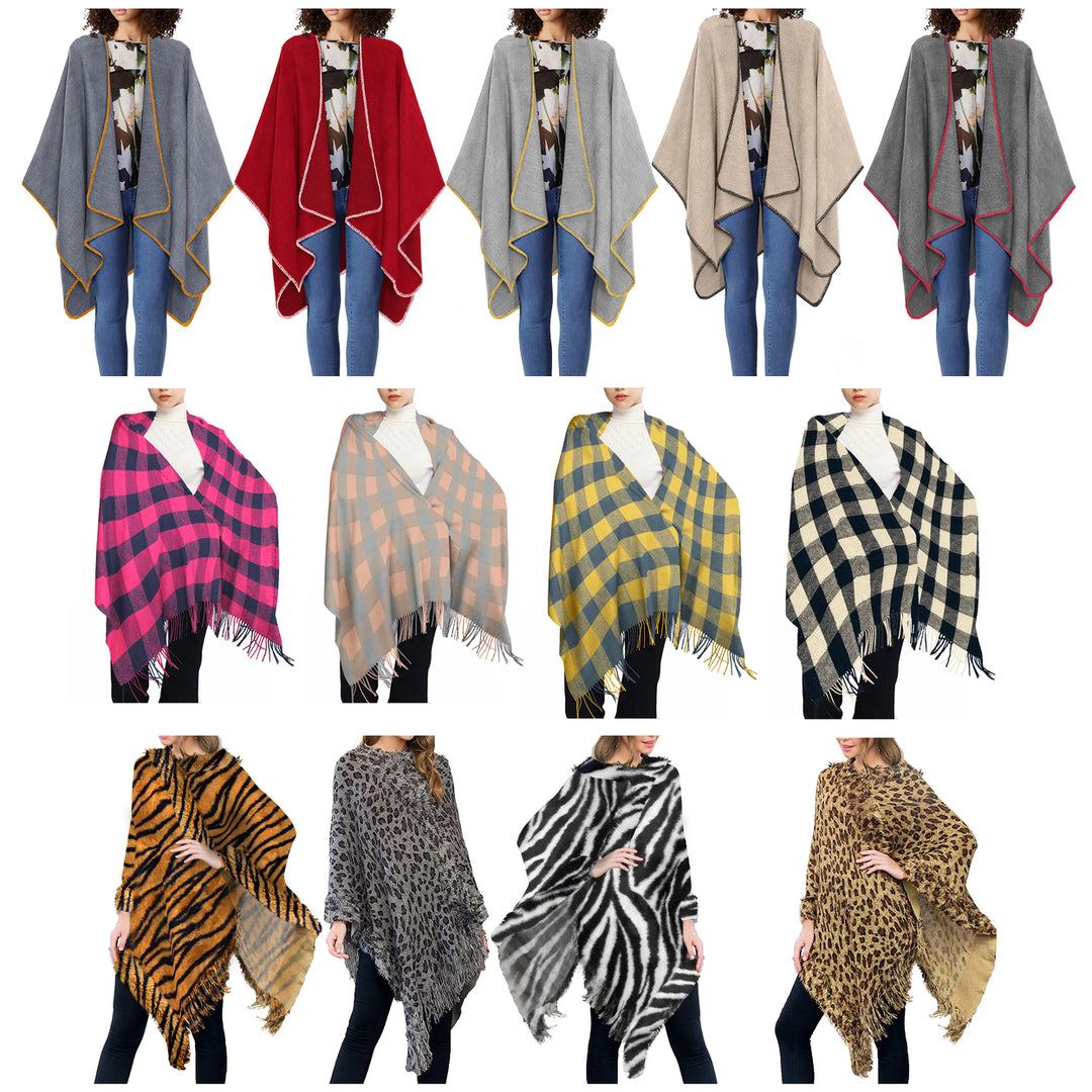 Womens Oversized Winter Cape Sweater Fringe Poncho 2-Pack Warm Pullover Image 2