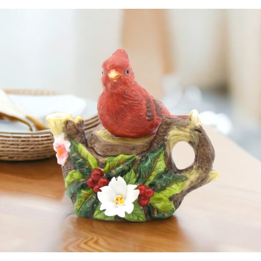 Ceramic Cardinal Bird Mini Teapot Figurine 2.875in Home Gift Image 1