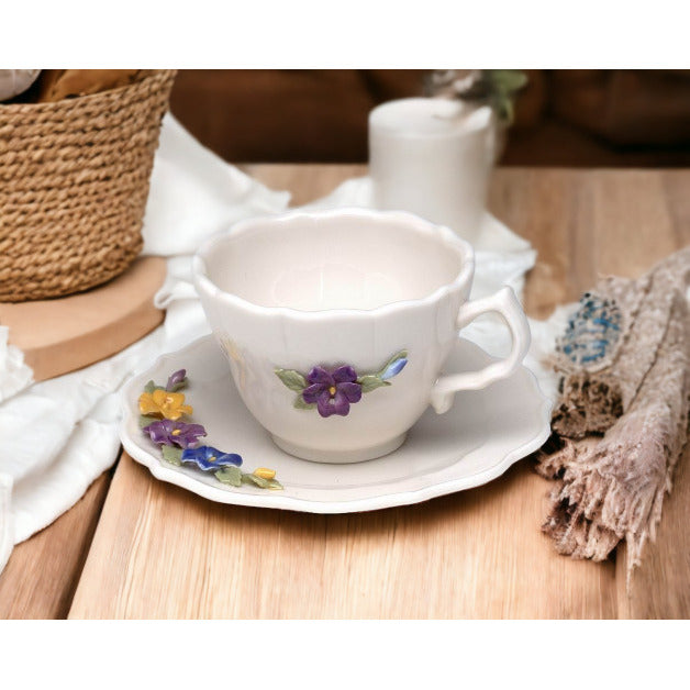 Ceramic Pansy Flower Mini Cup and Saucer FigurineHome DcorKitchen Dcor Image 1