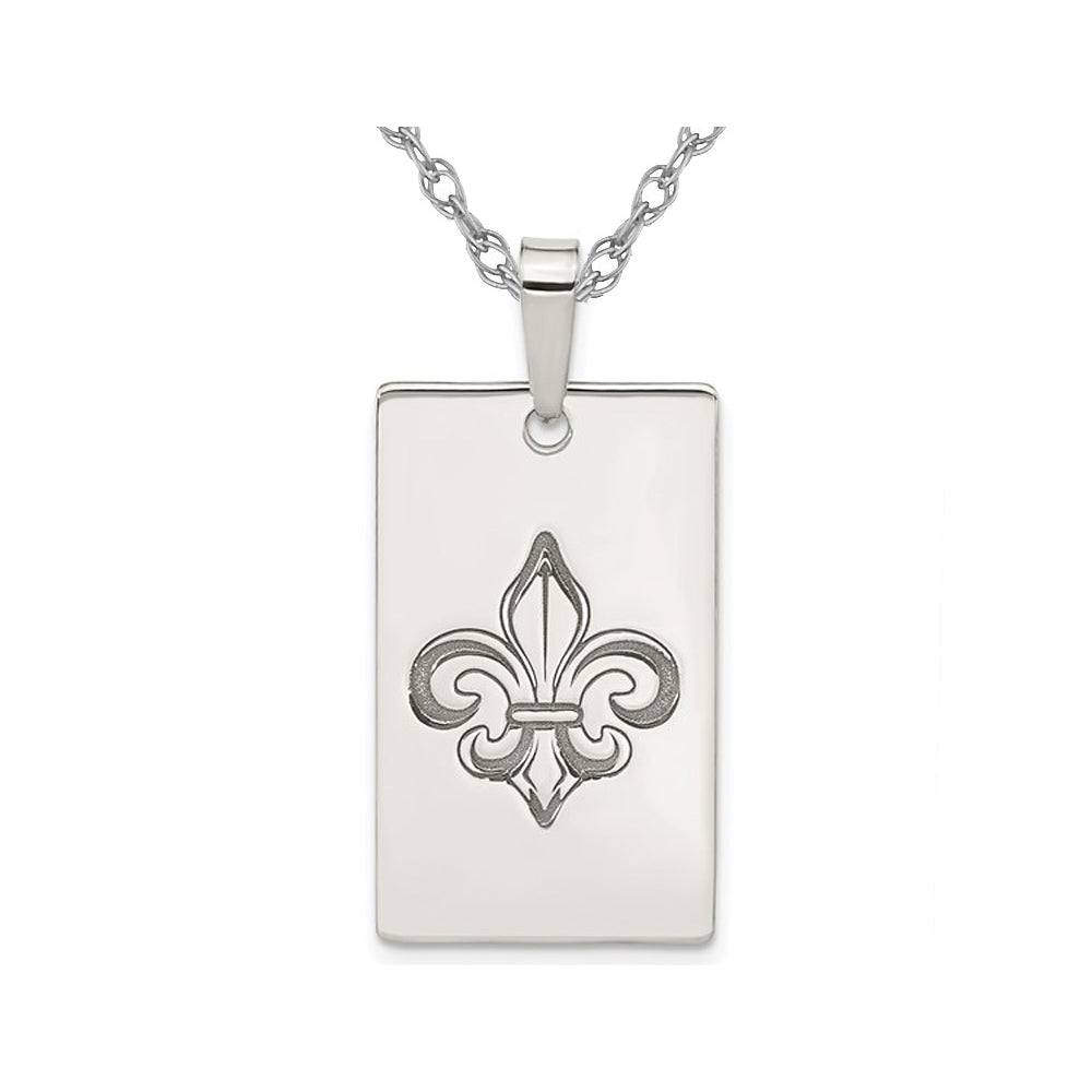 Mens Sterling Silver Fleur de Lis Dog Tag Pendant Necklace with Chain Image 1