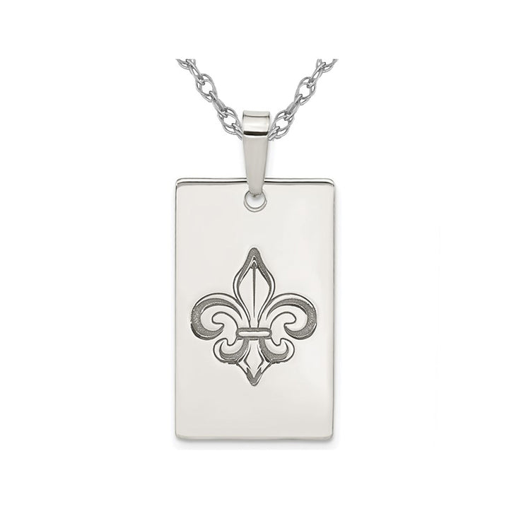 Mens Sterling Silver Fleur de Lis Dog Tag Pendant Necklace with Chain Image 1