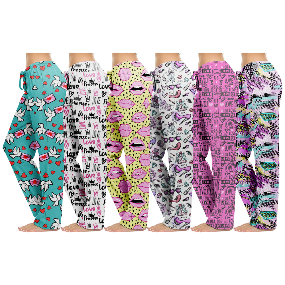 3-Pack: Womens Casual Fun Printed Lightweight Lounge Terry Knit Pajama Bottom Pants Image 2
