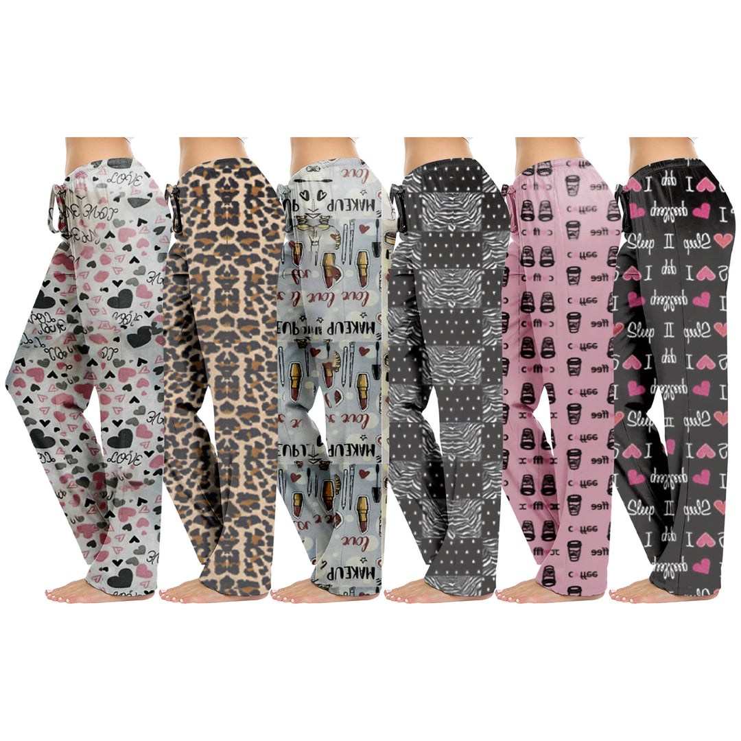 5-Pack: Womens Casual Fun Printed Lightweight Lounge Terry Knit Pajama Bottom Pants Image 4