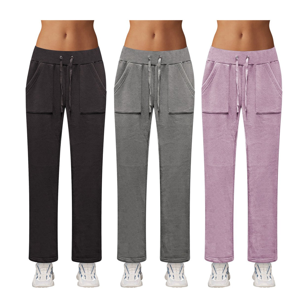 Womens Fleece Lined Pants 3-Pack Cozy Terry Knit Elastic Waistband Size S-M-L Image 1