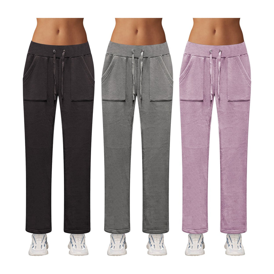 3-Pack: Womens Ultra-Soft Cozy Fleece Lined Elastic Waistband Terry Knit Pants Image 1