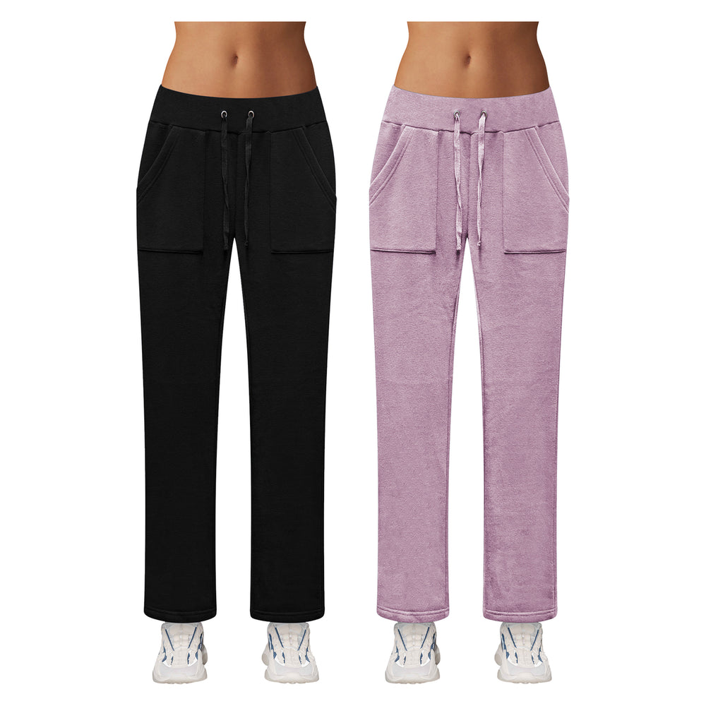 Multi-Pack: Womens Ultra-Soft Cozy Fleece Lined Elastic Waistband Terry Knit Pants Image 2