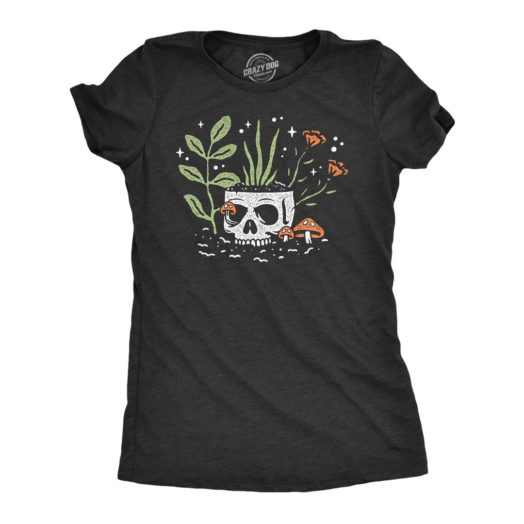 Womens Skull Flowers T Shirt Funny Spooky House Plant Horticulture Lovers Tee For Ladies Image 1