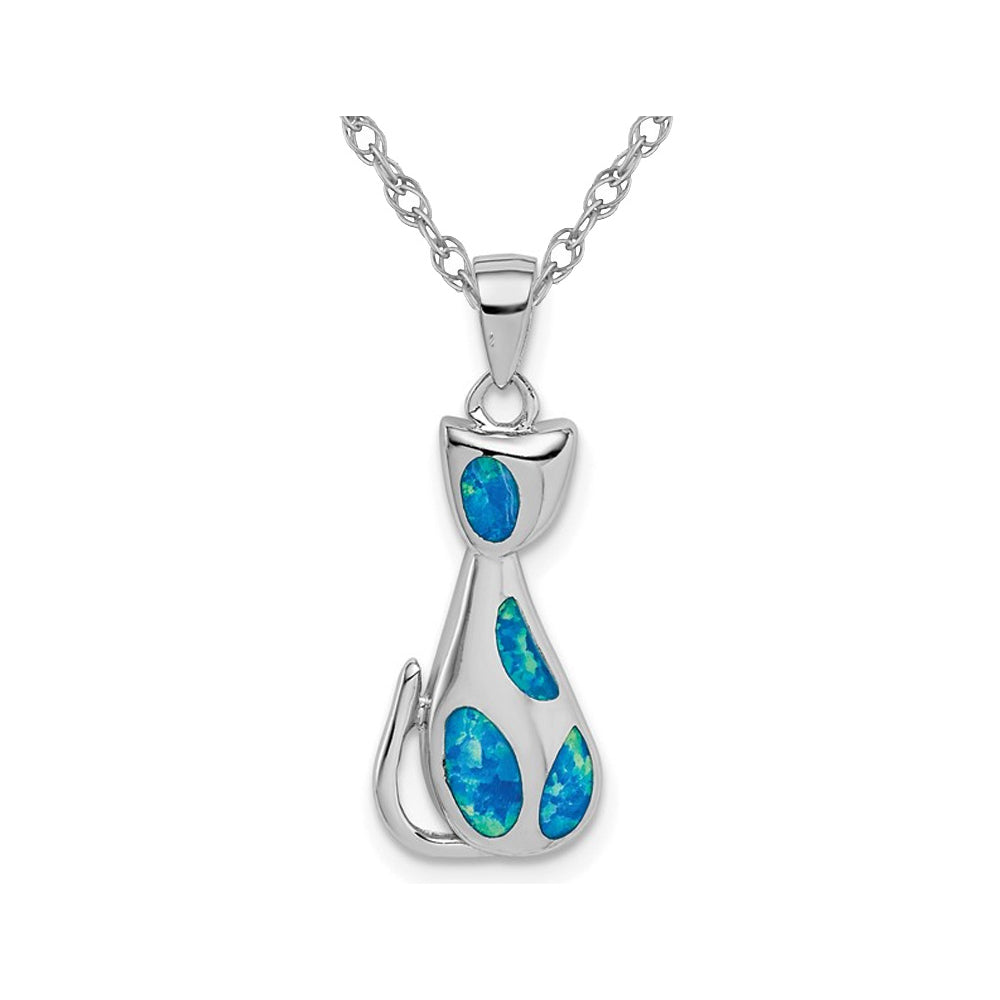 Sterling Silver Feline Cat Pendant Necklace with Chain and Lab-Created Opals Image 1