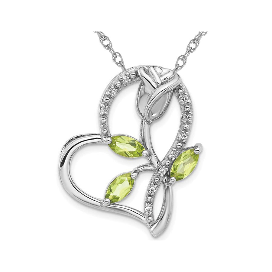 1.29 Carat (ctw) Peridot and White Topaz Flower Heart Pendant Necklace in Sterling Silver with Chain Image 1