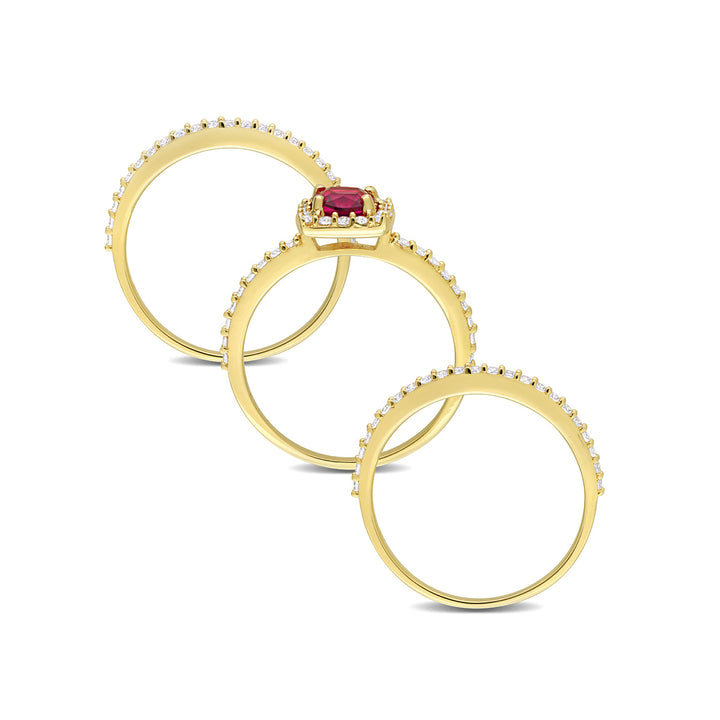 1 1/2 Carat (ctw) Lab-Created Ruby and White Sapphire with Diamond Bridal Wedding Set Engagement Ring Yellow Plated Image 4