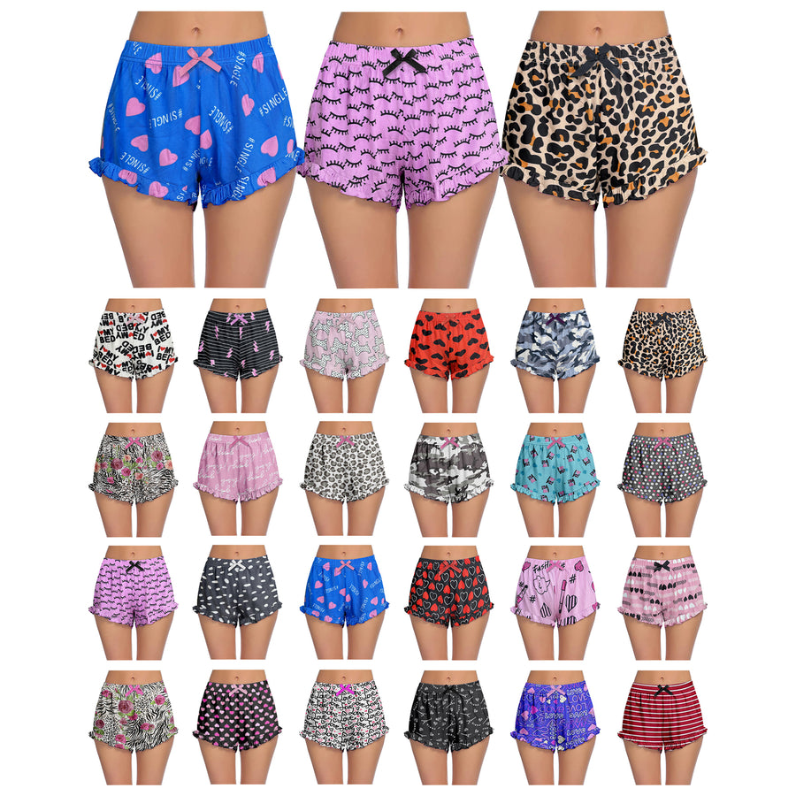 2-Pack: Womens Ultra-Soft Cozy Fun Print Ruffled Hem Sleep Lounge Pajama Shorts Image 1