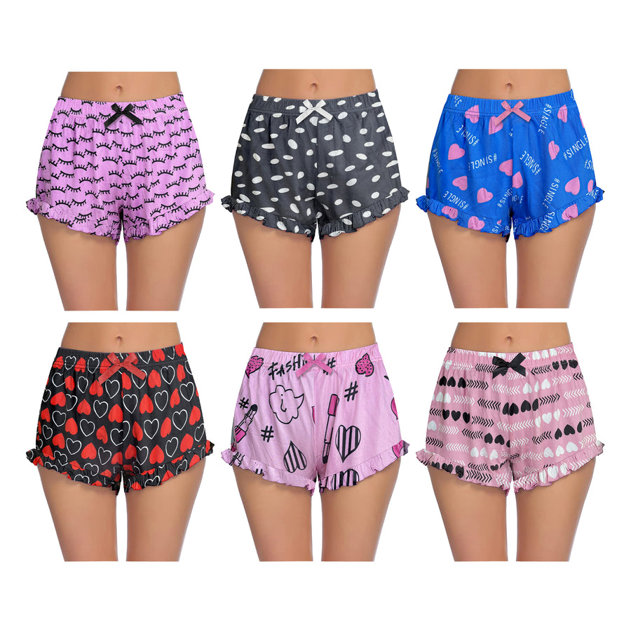 5-Pack: Womens Ultra-Soft Cozy Fun Print Ruffled Hem Sleep Lounge Pajama Shorts Image 1