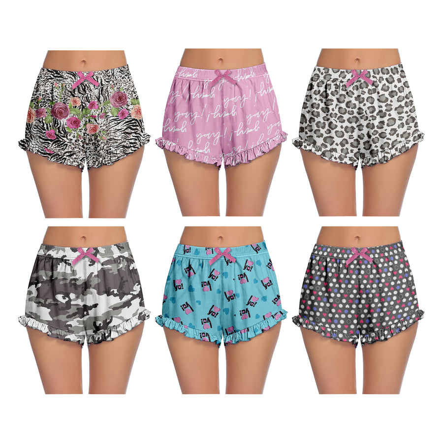 6-Pack: Womens Ultra-Soft Cozy Fun Print Ruffled Hem Sleep Lounge Pajama Shorts Image 1
