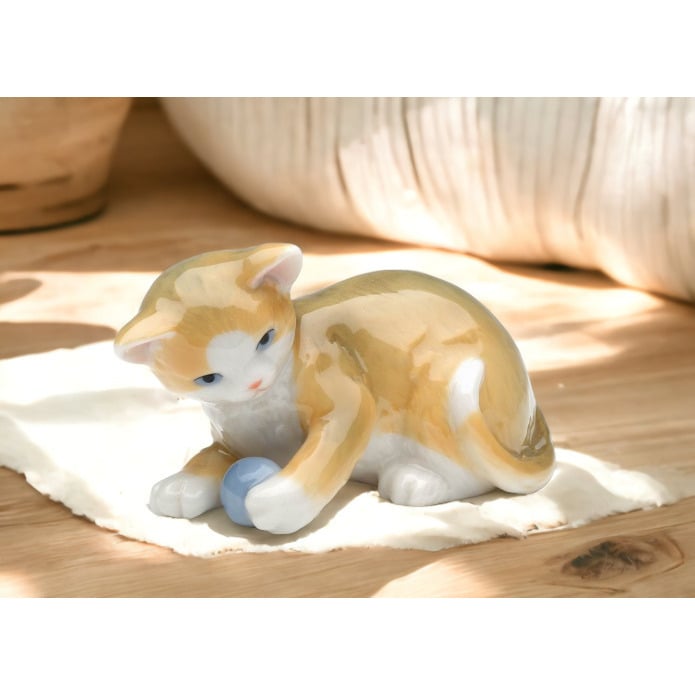 Ceramic Cat Playing with Toy Figurine 3in Gift for Cat Image 1