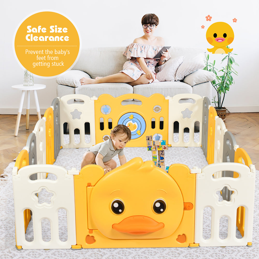 16-Panel Foldable Unisex Baby Playpen Kids Yellow Duck Yard Activity Center w/ Sound Image 2