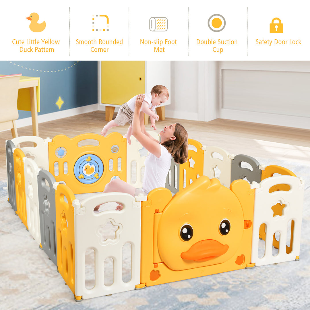 16-Panel Foldable Unisex Baby Playpen Kids Yellow Duck Yard Activity Center w/ Sound Image 3