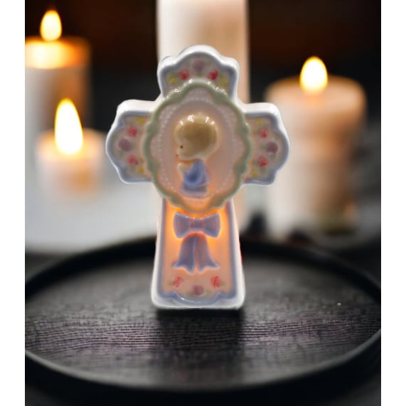 Ceramic Night Light Boy On Cross 4.625 Inch Plug-In Religious Gift Decor Image 1