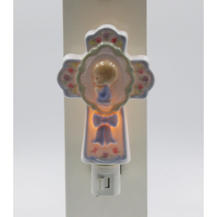 Ceramic Night Light Boy On Cross 4.625 Inch Plug-In Religious Gift Decor Image 2