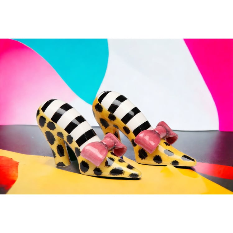 Ceramic Leopard Print Heels Salt and Pepper Shakers Pink Bow Gift Image 1