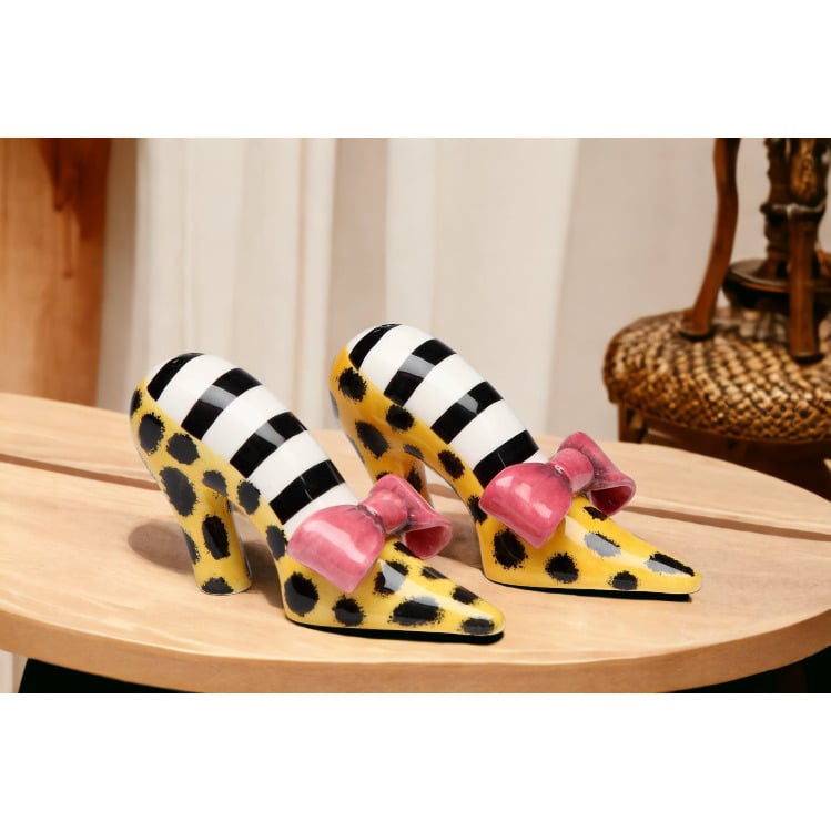 Ceramic Leopard Print Heels Salt and Pepper Shakers Pink Bow Gift Image 2