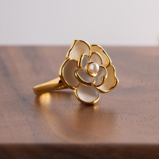 18k Gold Enamel Colored Camellia Pearl Ring with Premium BeautyLight Luxuryand Fashionable Petal Pearl Ring Image 1