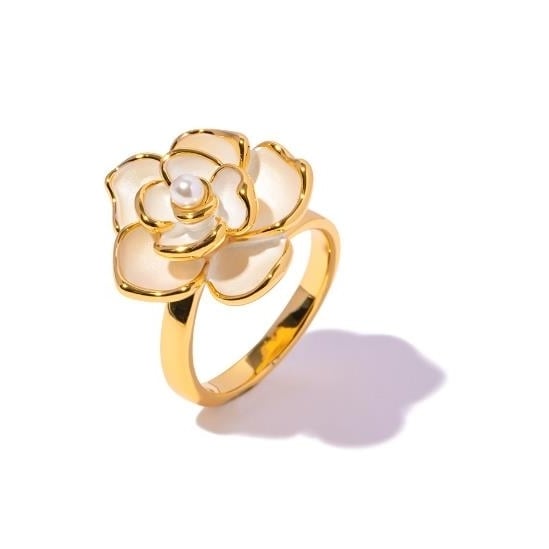 18k Gold Enamel Colored Camellia Pearl Ring with Premium BeautyLight Luxuryand Fashionable Petal Pearl Ring Image 4