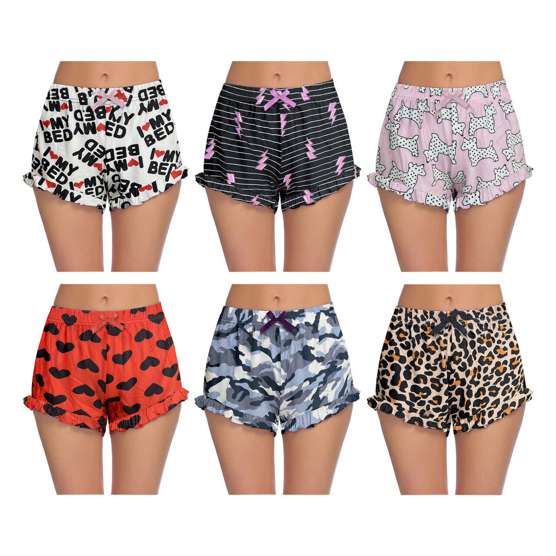 4-Pack: Womens Ultra-Soft Cozy Fun Print Ruffled Hem Sleep Lounge Pajama Shorts Image 11