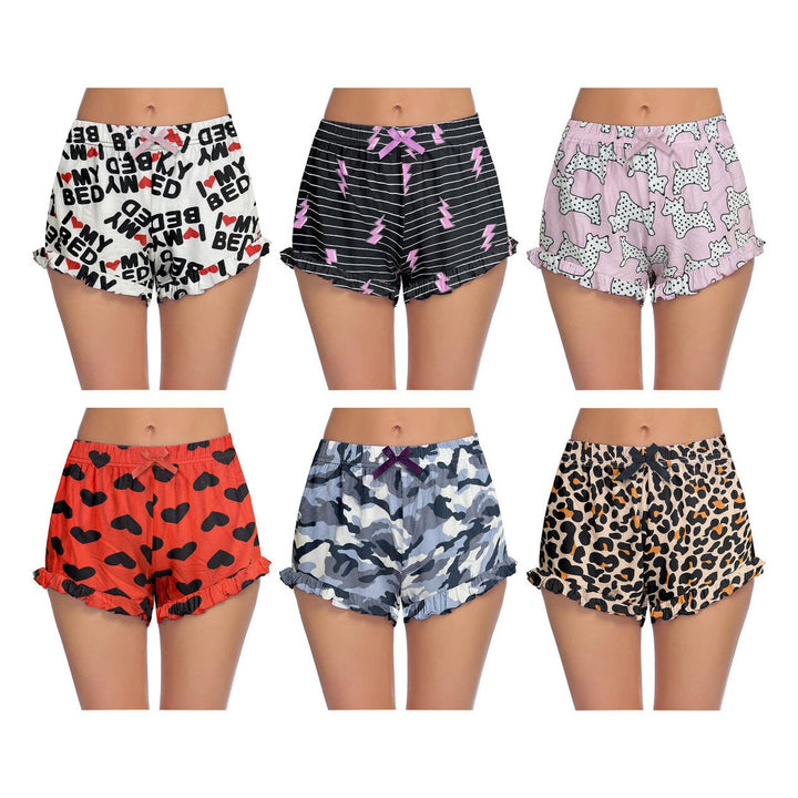 4-Pack: Womens Ultra-Soft Cozy Fun Print Ruffled Hem Sleep Lounge Pajama Shorts Image 1