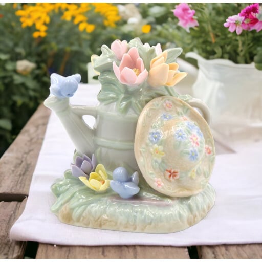 Ceramic Water Bucket Figurine 4 inch Vintage Flowers Image 1