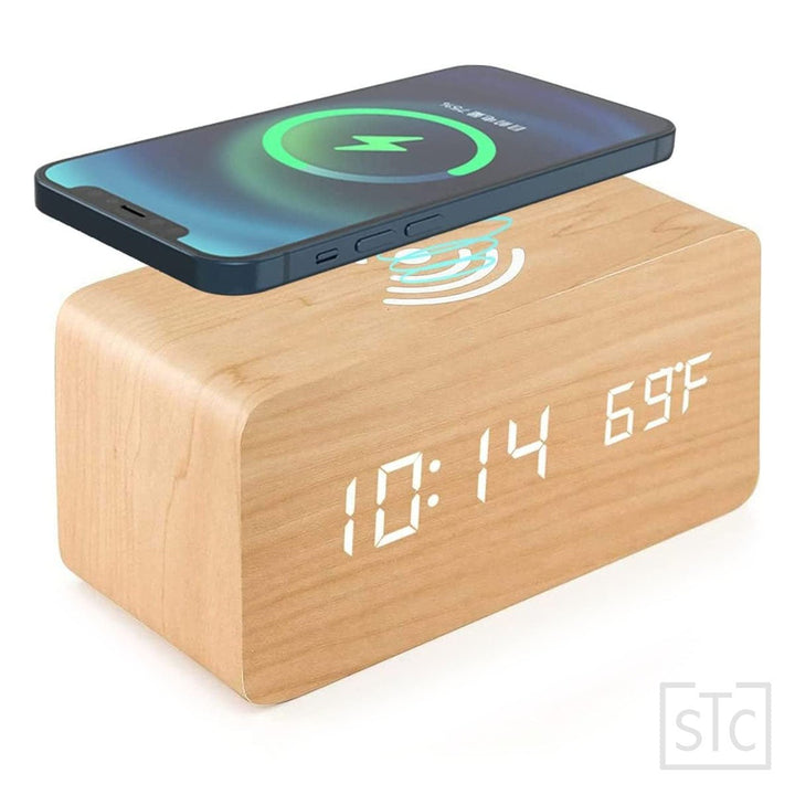 Wooden Led Clock Wireless Charging Bedside Clock with Time and Temperature Display 3 Brightness Levels for your Bedroom Image 1