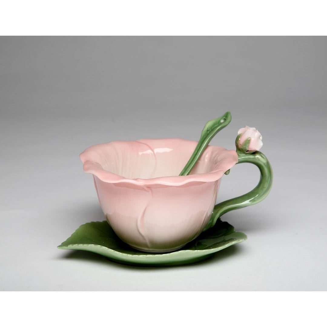 Ceramic Hibiscus Flower Tea Cup and Saucer Set 5 inch Pink Mom Image 3