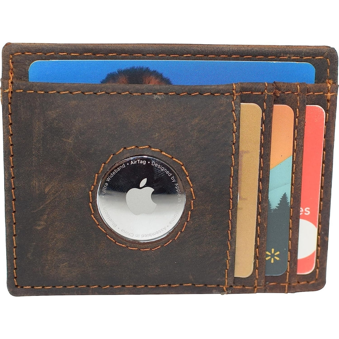 AirTag Holder Wallet RFID Vintage Leather Slim Minimalist Card Holder Compatible with AirTag (Brown) Image 6