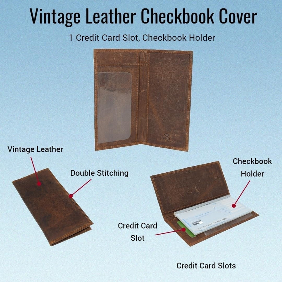 CAZORO Premium Vintage Leather RFID Blocking Slim Checkbook Cover Wallet (Brown) Image 1