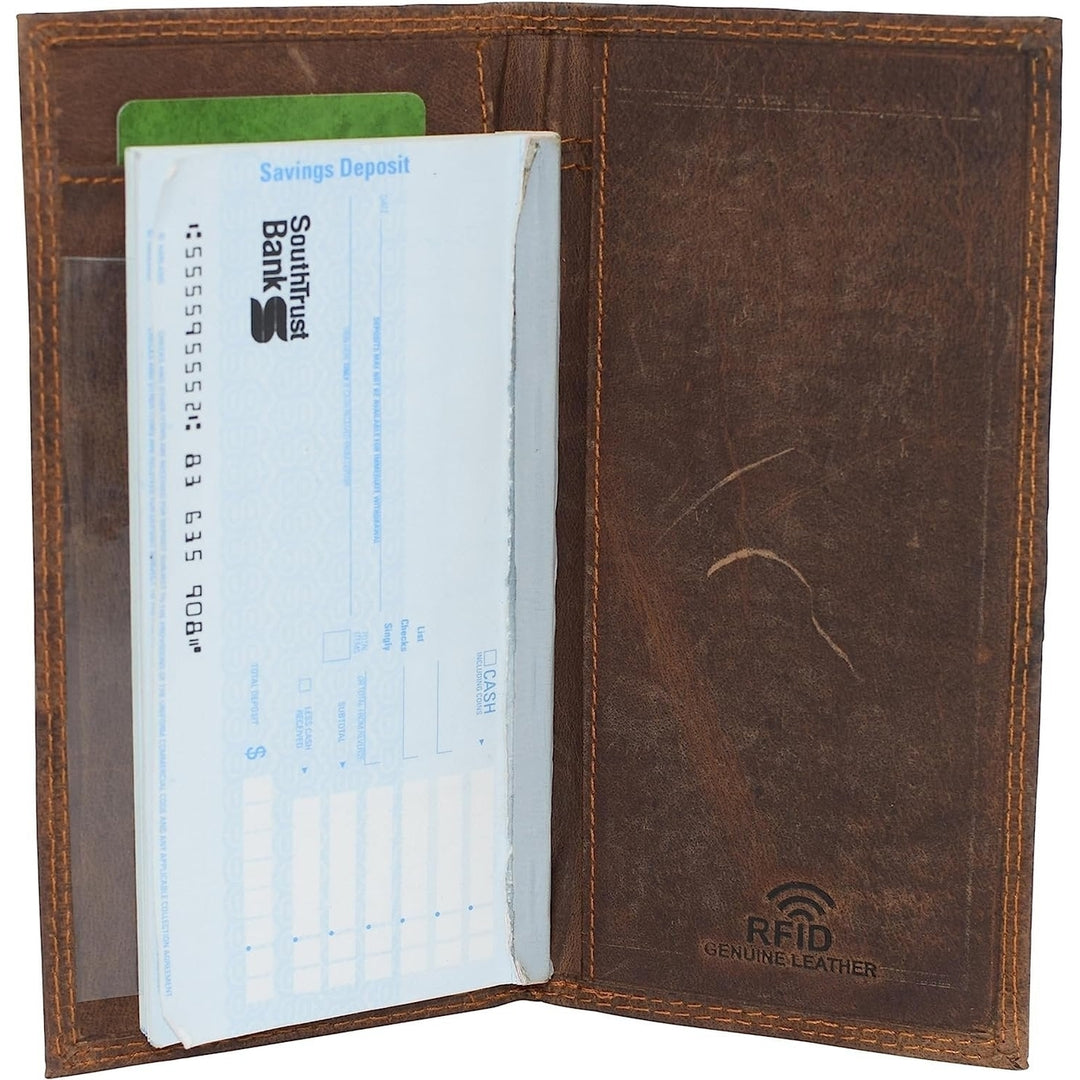 CAZORO Premium Vintage Leather RFID Blocking Slim Checkbook Cover Wallet (Brown) Image 2