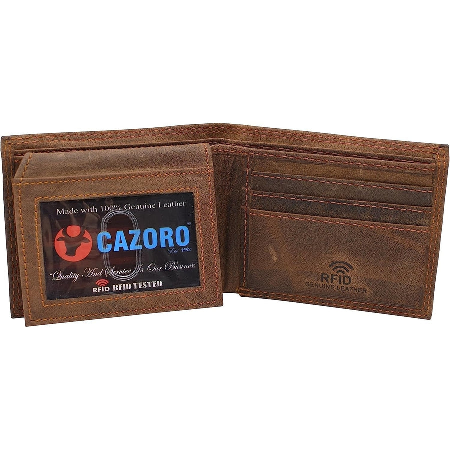 CAZORO Premiun Vintage Leather Mens RFID Classic Bifold Wallet for Men (Brown) Image 1