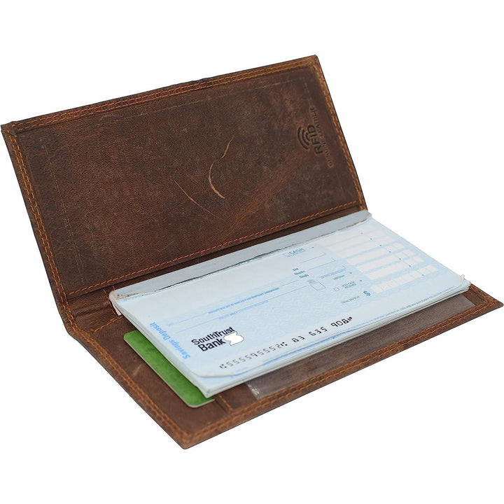 CAZORO Premium Vintage Leather RFID Blocking Slim Checkbook Cover Wallet (Brown) Image 3