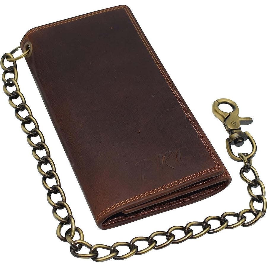 CAZORO Personalized Bikers RFID Safe Cow Vintage Leather Brown Long Checkbook Trifold Chain Wallet for Men Image 1