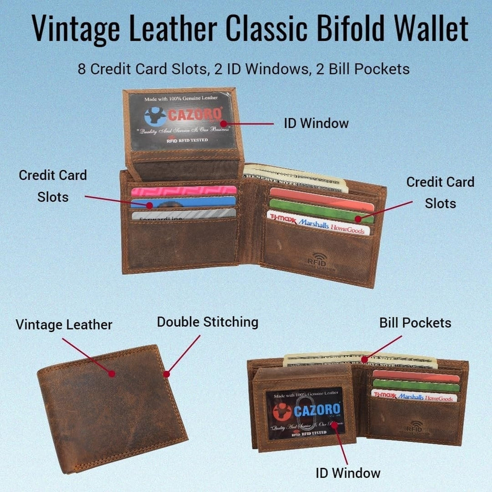 CAZORO Premiun Vintage Leather Mens RFID Classic Bifold Wallet for Men (Brown) Image 2
