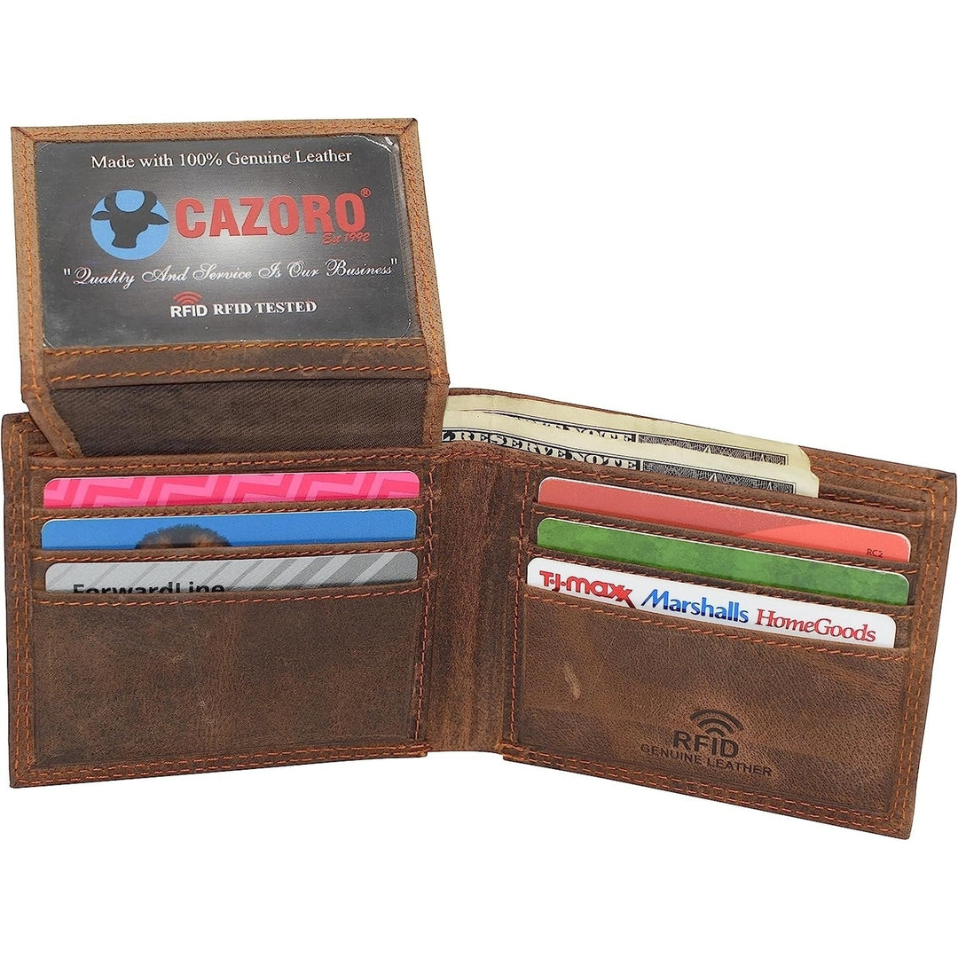 CAZORO Premiun Vintage Leather Mens RFID Classic Bifold Wallet for Men (Brown) Image 3