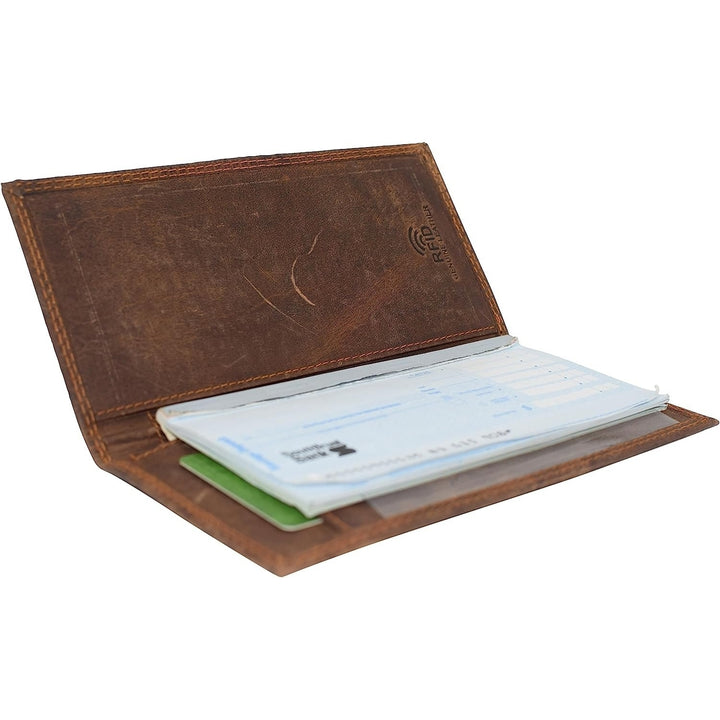 CAZORO Premium Vintage Leather RFID Blocking Slim Checkbook Cover Wallet (Brown) Image 6