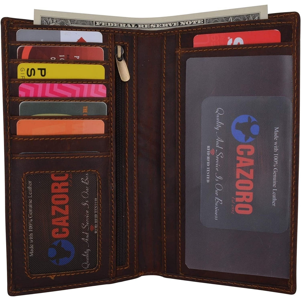 CAZORO Personalized Name Initials RFID Blocking Vintage Leather Slim Long Bifold Checkbook Wallet Image 2