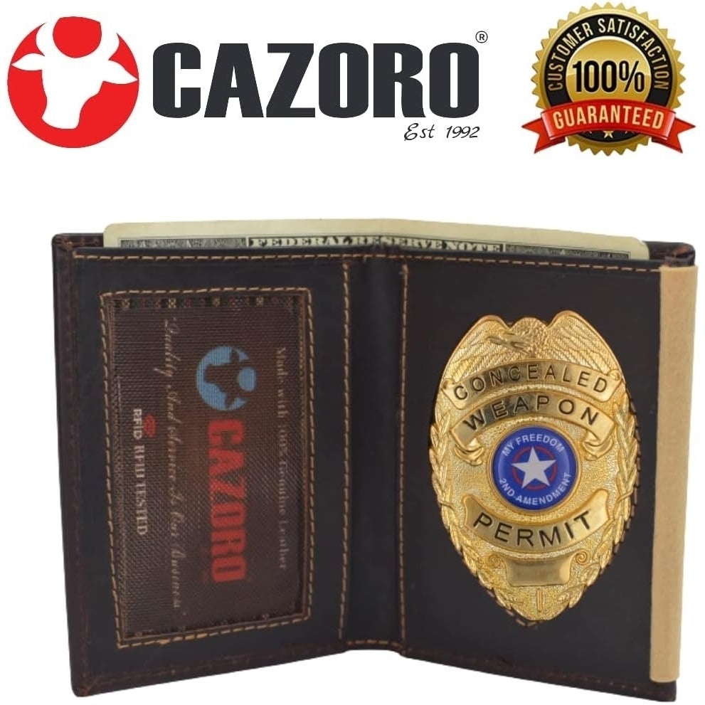 CAZORO Personalized Wallet RFID Blocking Vintage Leather Bi-Fold Badge Holder Wallet Shield Style with ID window Image 2