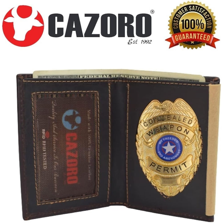 CAZORO Personalized Wallet RFID Blocking Vintage Leather Bi-Fold Badge Holder Wallet Shield Style with ID window Image 2