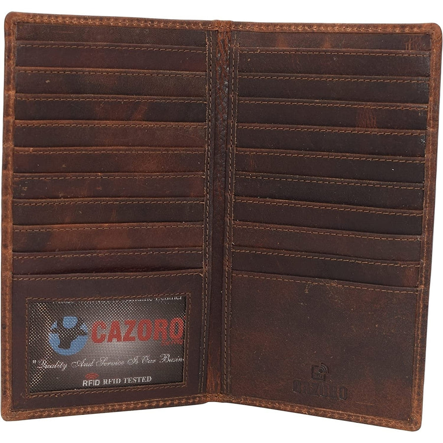 CAZORO RFID Protected Vintage Leather Long Bifold Slim Wallet for Women Men Image 1